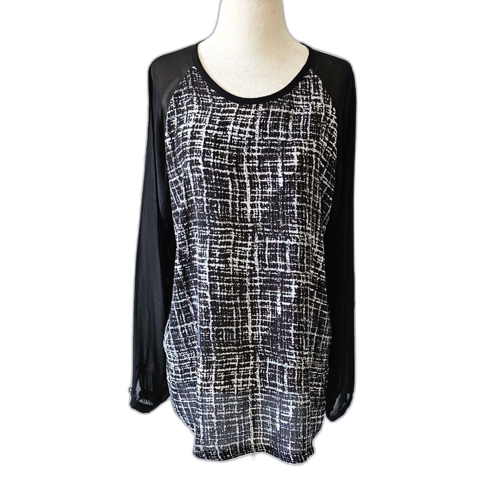 Yal New York Women Black & White Top Size L Sheer Buttoned Cuff Long Sleeves